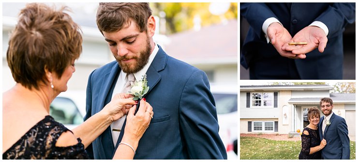 Mother helps groom with boutonniere
